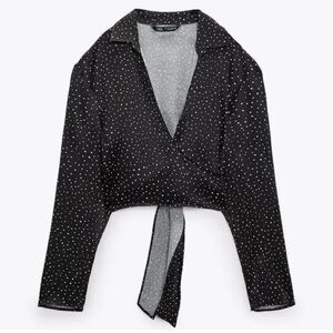 Zara black/white polka dot tie front top